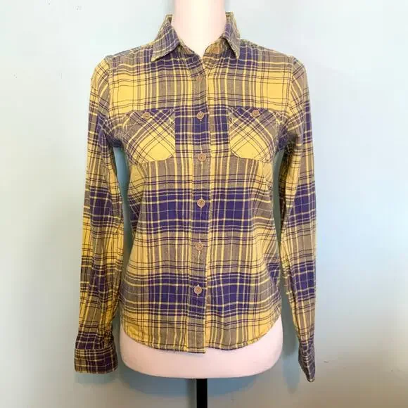 American Eagle Outfitters Yellow and Blue Plaid Flannel Button Down Size 4 - Picture 6 of 8